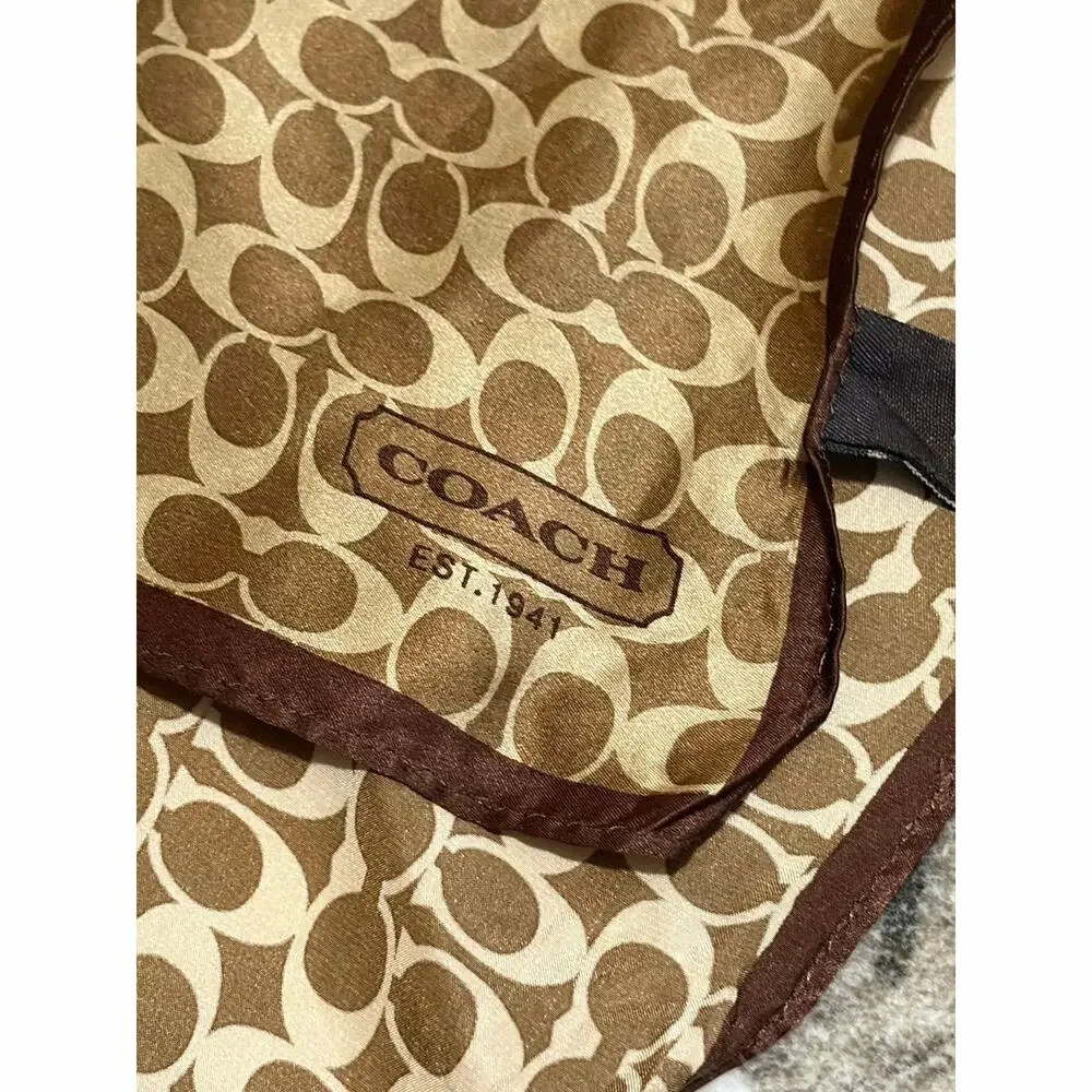 Coach Silk Scarf Signature C Brown Tan Patchwork Square 20x20
